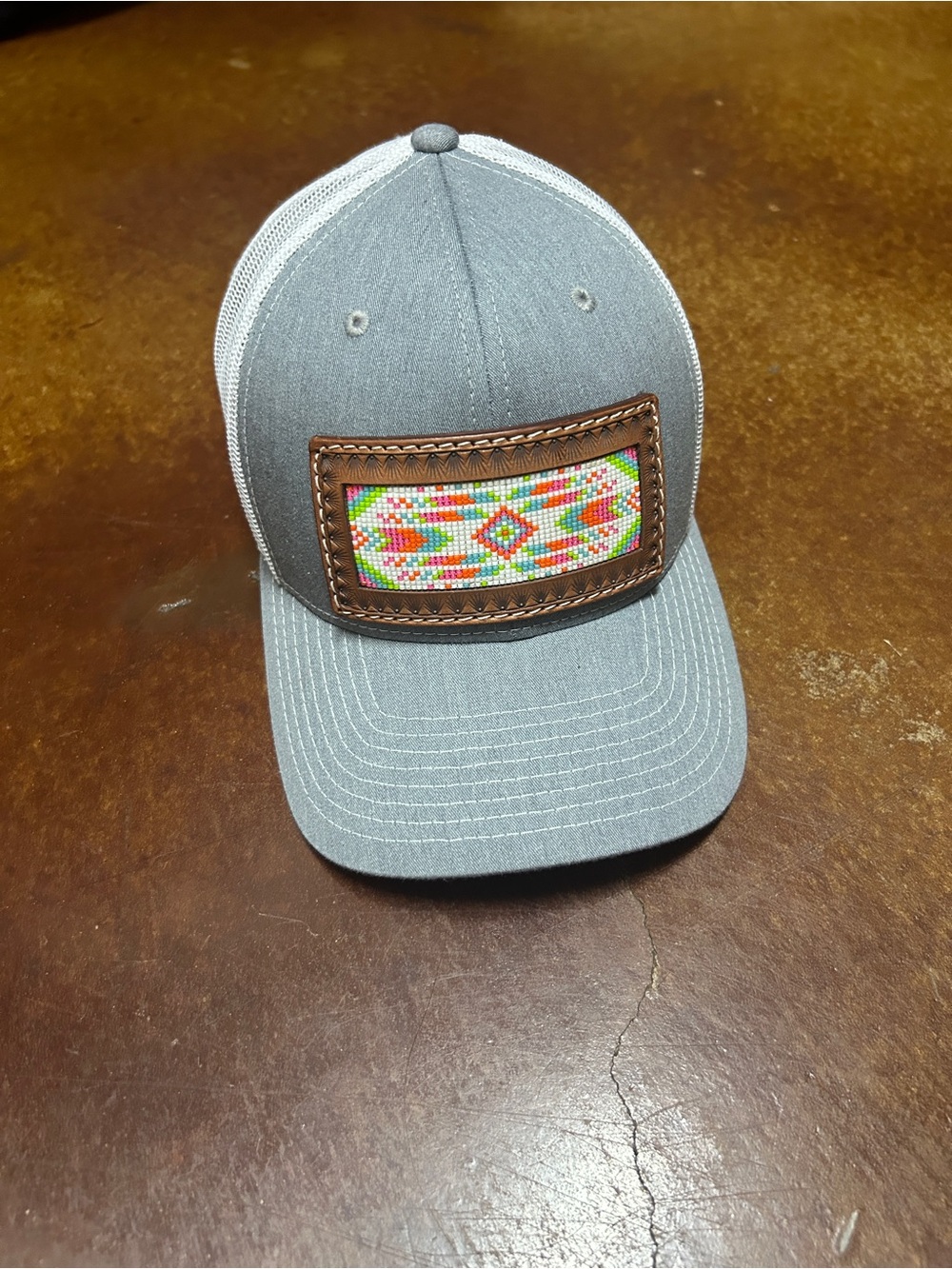 Gray Women's Trucker Hat with Colorful Beaded Patch